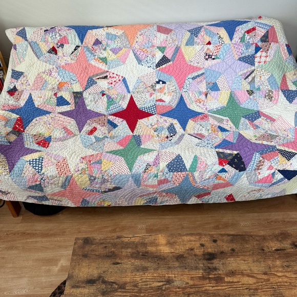 Vintage Antique 40s Hand-Sewn Multicolor Spider Web Feedsack Quilt ~ 65 x 86 - Picture 2 of 7